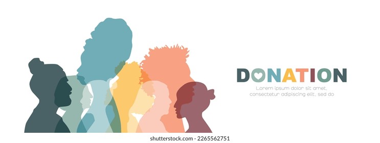 Donation banner. Different people stand side by side together. Flat vector illustration.