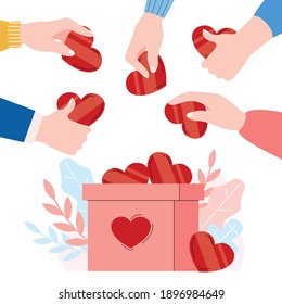Donation banner or poster with hands putting hearts into donation box, flat cartoon vector illustration isolated on white background. Card for donation ad charity.