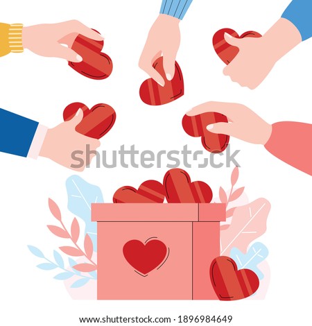 Donation banner or poster with hands putting hearts into donation box, flat cartoon vector illustration isolated on white background. Card for donation ad charity.