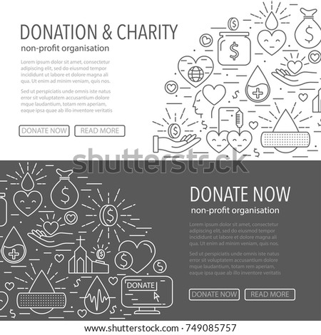 Donation banner template from line icons. Horisontal banner with different donation linear style elements on gray and white background. Donation blood and money, charity concept. Vector illustration