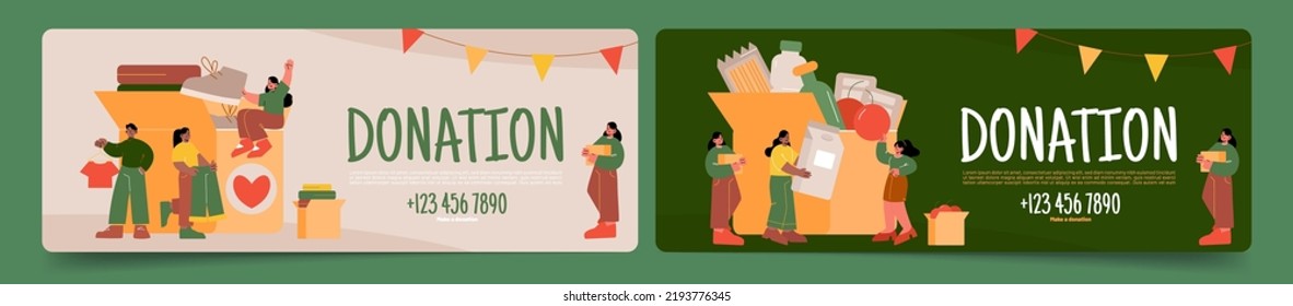 Donation banners with people give clothes and food for charity, humanitarian aid for homeless, poor and hunger. Vector posters with flat illustration of volunteers donate products in cardboard boxes