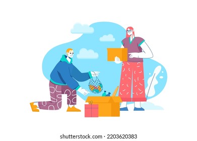 Donation blue concept with people scene in the flat cartoon design. Boy brought food and unnecessary things to the volunteer center. Vector illustration.