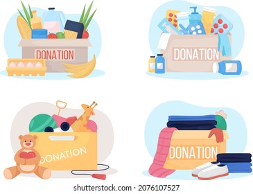 Donation box 2D vector isolated illustration set. Meds for charity. Food and clothing for poor flat composition on cartoon background. Non profit organization colourful scene bundle