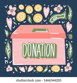Donation box banner. Donate lettering with coin and other decoration. Vector color illustration.