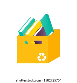 Donation box with books. Charity recycle gift. Isolated paper box with used book. Vector Illustration 