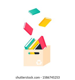 Donation box with books. Charity recycle gift. Flying used book in paper box concept. Vector Illustration 