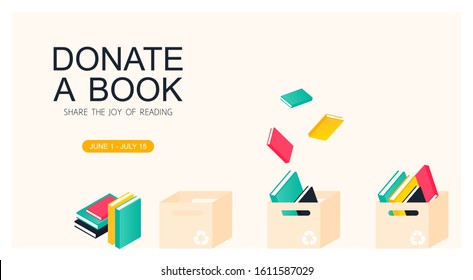 Donation box with books. Charity recycle gift. Flying used book in paper box concept. Vector Illustration 