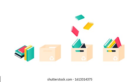 Donation box with books. Charity recycle gift. Collectinf process. Vector Illustration 