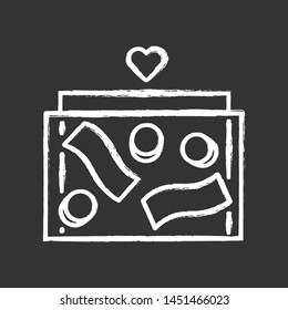 Donation box chalk icon. Collecting box with banknotes and coins. Moneybox. Charity fundraising. Receiving donations. Container for money. Volunteer activity. Isolated vector chalkboard illustration