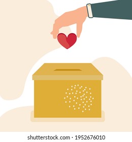 Donation box. Charitable foundation. Helping those in need. Give your love. Share the good. Heart and hand. Trending colors. Vector graphics.
