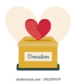 Donation box. Charitable foundation. We help those in need. Give your love. Share goodness. Heart and container for coins. Trending colors. Vector graphics.
