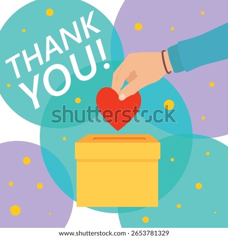 Donation box and charity concept. Hand putting red heart to donation box. Isolated on white background. Vector