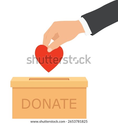 Donation box and charity concept. Hand putting red heart to donation box. Isolated on white background. Vector