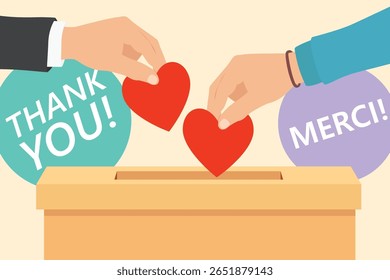 Caja de donaciones y concepto de caridad. Manos poniendo corazón rojo a la caja de donación. Aislado sobre fondo blanco. Vector