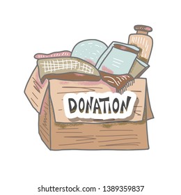 Donation box. Charity hand drawn concept. Vector color illustration. 