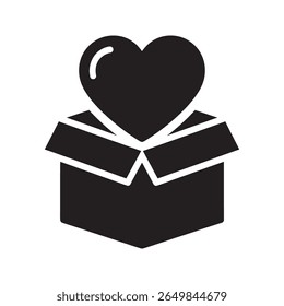 Icono de caridad de caja de donación que representa un paquete de regalo de amor y cuidado para la Asistencia comunitaria y la ayuda humanitaria a través de un generoso icono de glifo sólido de Vector