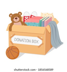 Donation box. Charity for poor kids and homeless people. Box filled with toys, books and clothes. Social care and generosity vector concept. Illustration charity and donation, donate box volunteering