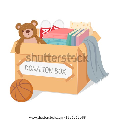 Donation box. Charity for poor kids and homeless people. Box filled with toys, books and clothes. Social care and generosity vector concept. Illustration charity and donation, donate box volunteering