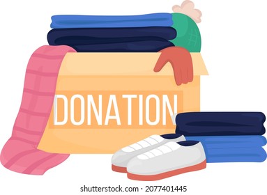 Donation box with clothes semi flat color vector item. Full realistic object on white. Supply for humanitarian aid isolated modern cartoon style illustration for graphic design and animation