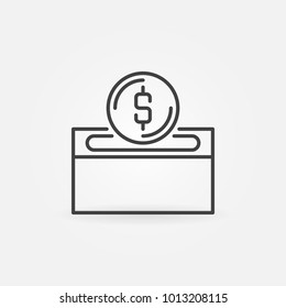 Donation box with coin vector icon in thin line style. Charity concept symbol
