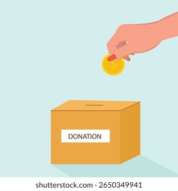 Donation box collecting money and hand putting coin in the donate box. providing material assistance to socially vulnerable people vector illustration