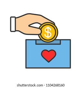 Donation box color icon. Moneybox. Fundraising. Donate money to charity. Hand dropping dollar coin into donation box. Isolated vector illustration