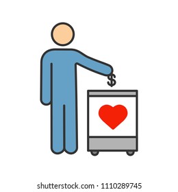 Donation box color icon. Moneybox. Fundraising. Donate money to charity. Person dropping dollar coin into donation box. Isolated vector illustration