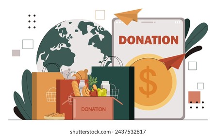 Donation box concept. Baguette with vegetables and fruits. Care and support for poor people and children. Charity, kindness and generosity. Toys and clothes. Cartoon flat vector illustration