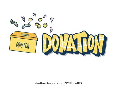 Donation box concept. Donate lettering with coin and other decoration. Vector color illustration.