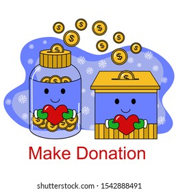 Donation box cute concept with heart and coins. Glass bottle for donation character. Christmas charity.