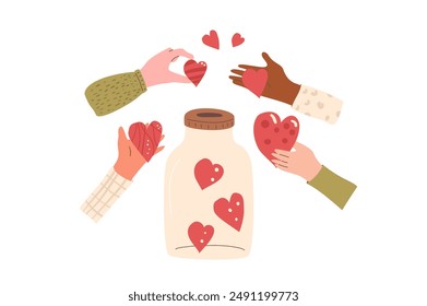 Donation box with diverse giving hands isolated on white background. Charity concept. Vector hand drawn illustration