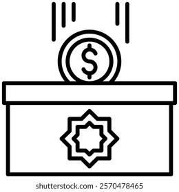 Donation box with a dollar coin and Islamic geometric design line icon illustration. Ideal for Zakat, charity, fundraising, and Islamic finance projects in digital and print media.