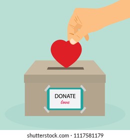 Donation Box. Donate Blood. Concept Of Care And Love. Hand Take Heart Into Donate Box. Vector Stock.