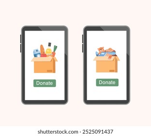 Caixa de doação e botão de doação na tela do smartphone, conceito de caridade online