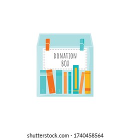 Donation box with drawing books in modern flat style. Charity recycle gift. New life for used book concept. Vector Illustration 
