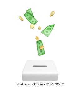 Donation Box With Falling Gold Coins And Paper Green Dollars. 3D Realistic Charity And Donation Concept. Vector Illustration