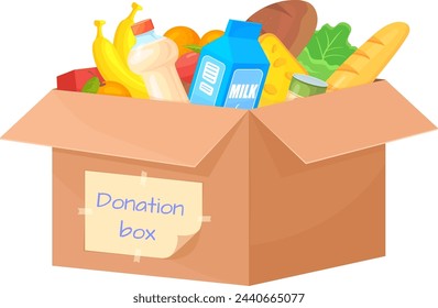 Donation box with food cartoon icon. Grocery charity isolated on white background