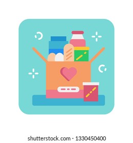 Donation box of food flat color icon. Food Bank simple concept. Charity illustration. Sign for web page, mobile app, banner, social media. Pictogram UI/UX user interface. Vector clipart.