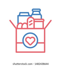 Donation box of food line color icon. Food Bank simple concept. Charity illustration. Sign for web page, mobile app, banner. Button UI/UX user interface. Vector isolated object. Editable stroke. svg