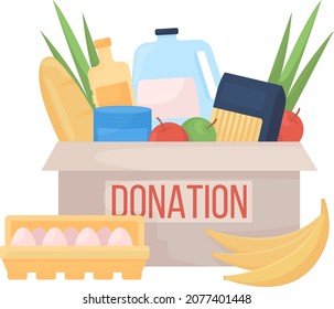 Donation box with food semi flat color vector item. Full realistic object on white. Supply for humanitarian aid isolated modern cartoon style illustration for graphic design and animation