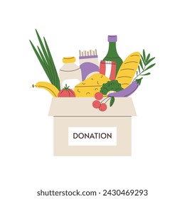 Caja de donaciones llena de diferentes alimentos. Concepto de beneficencia y asistencia social. Donación de alimentos para personas necesitadas. Asistencia humanitaria voluntaria. Ilustración plana del vector sobre fondo aislado blanco.
