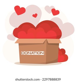 Caja de donaciones llena de corazones. Caja de cartón con símbolo de amor y ayuda. ilustración vectorial