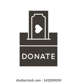 Donation box with a generous offer. Cash bill with an heart, kind money. Vector flat glyph icon illustration. Charity, donation, volunteering, philanthropy, help and kindness concepts.