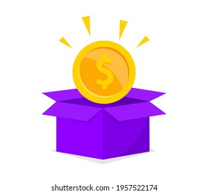 Donation box with gold coin. Donate money. Giving money for charity. Savings money. Vector illustration in flat design.