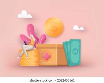 Donation Box with golden coin, money. Donation and charity concept. 3D Web Vector Illustrations. 