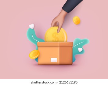 Donation Box with golden coin, money. Donation Box with human hand insert golden coin, money. Donation and charity concept. 3D Web Vector Illustrations.