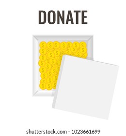Donation box with golden coin. Vector illustration.