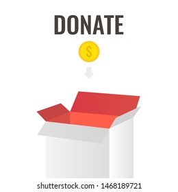 Donation box with golden coin. Vector illustration.