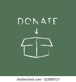 Caja de donaciones con tiza sobre un icono blanco vectorial de pizarra aislado en un fondo verde.