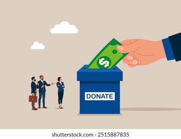 Donation Box. Hand putting money a Donation Box money savings. Social responsibility. Modern vector illustration in flat style